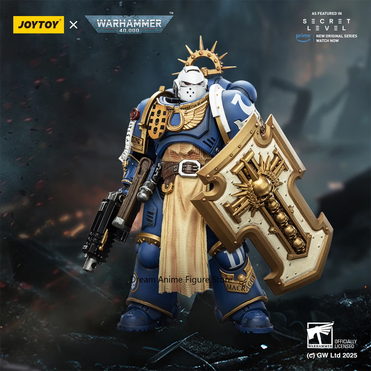 

In stock JOYTOY Warhammer 40K 1/18 Ultramarine Levantus action figure with power sword, storm shield and bolt gun