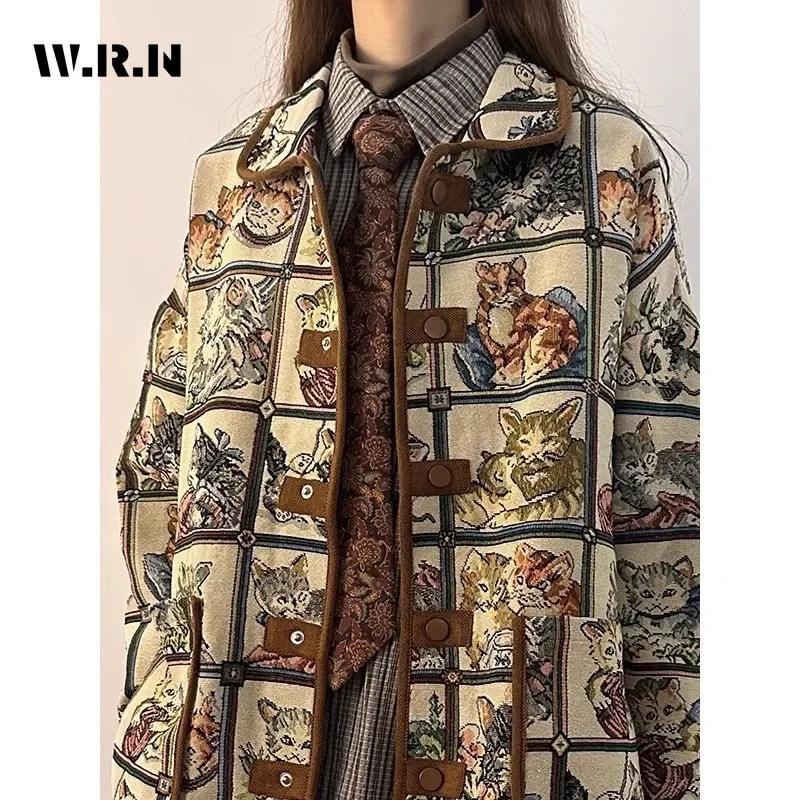 2023 Winter Female Vintage Style Single Breasted Loose Jacket Women Turn Down Collar Animals Print Fashion Retro Baggy Coat