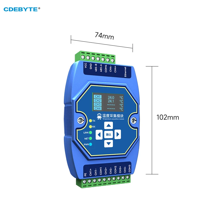 Imagem -02 - Módulo de Aquisição de Temperatura Vias Pt100 Rtd Ethernet Rs485 com Tela Oled Cdebyte Me31-xdxx0400 Suporte Modbus