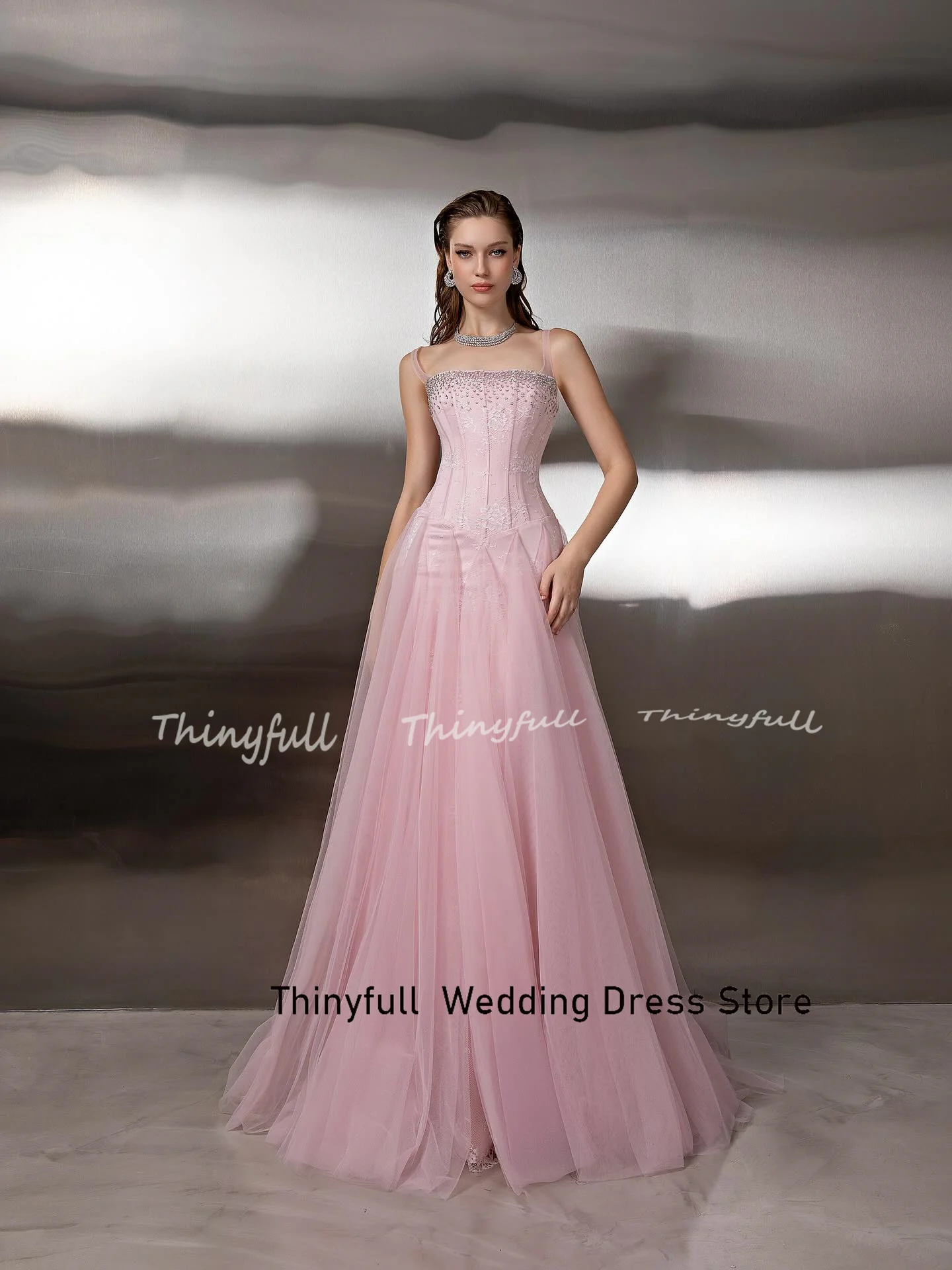 Thinyfull A라인 튤/레이스 아랍 프롬 드레스 민소매 비딩 이브닝 파티 드레스 2026 정장 가운 맞춤 제작