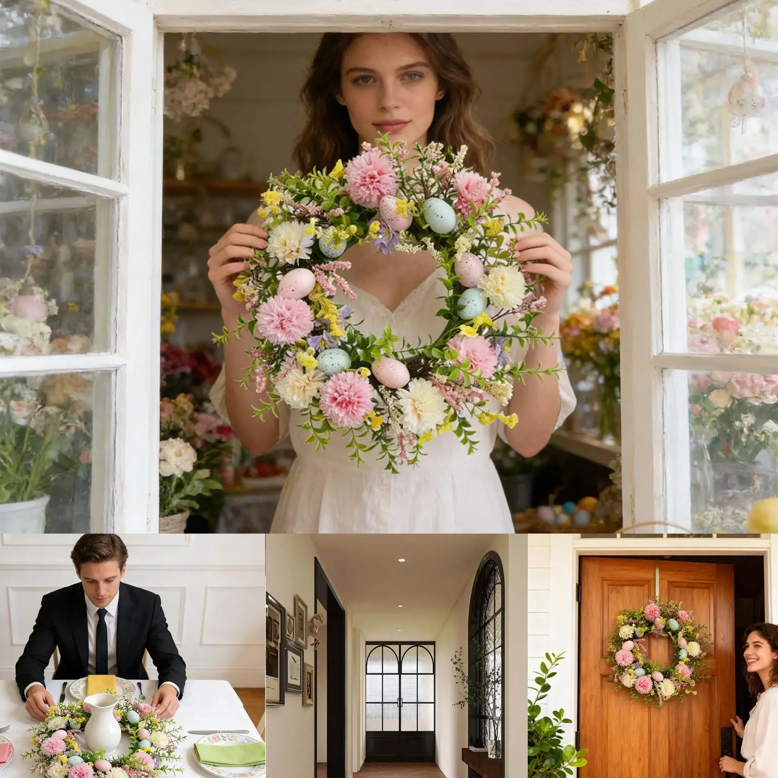 

Пасхальные венки для входной двери, гирлянда с разноцветными яйцами и маргаритками, 15,75 дюймов, искусственный пасхальный летний венок для дома, крыльца, окна, стены