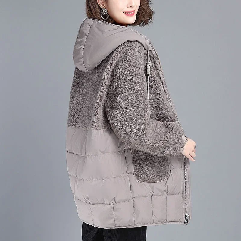 Women Thickening Pockets Warm Jackets Winter Loose Hooded Drawstring Parkas Size S-3XL Mid-Length Styles Lamb Wool Spliced Coats