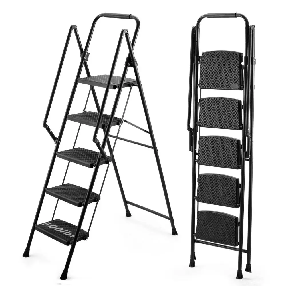 

5-step ladder, folding ladder stool, with anti slip wide pedals, steel ladder, with safety anti slip handle, lightweight 300