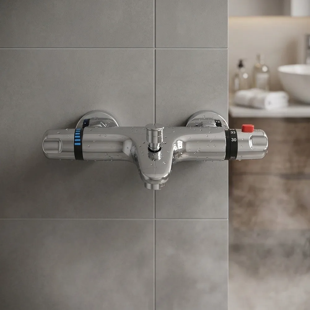 Chrome Finished Thermostatic Shower Mixer Wall Mounted Brass Valve 180mm Center Distance for Easy Installation