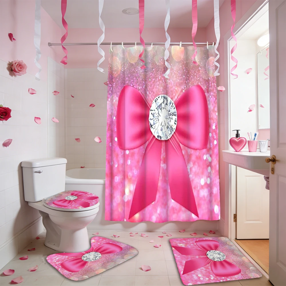 

Занавеска для душа с розовым узором на День святого Валентина, наборы для ванной, водонепроницаемый нескользящий коврик для ванной комнаты, туалет U с 12 крючками, домашний деко