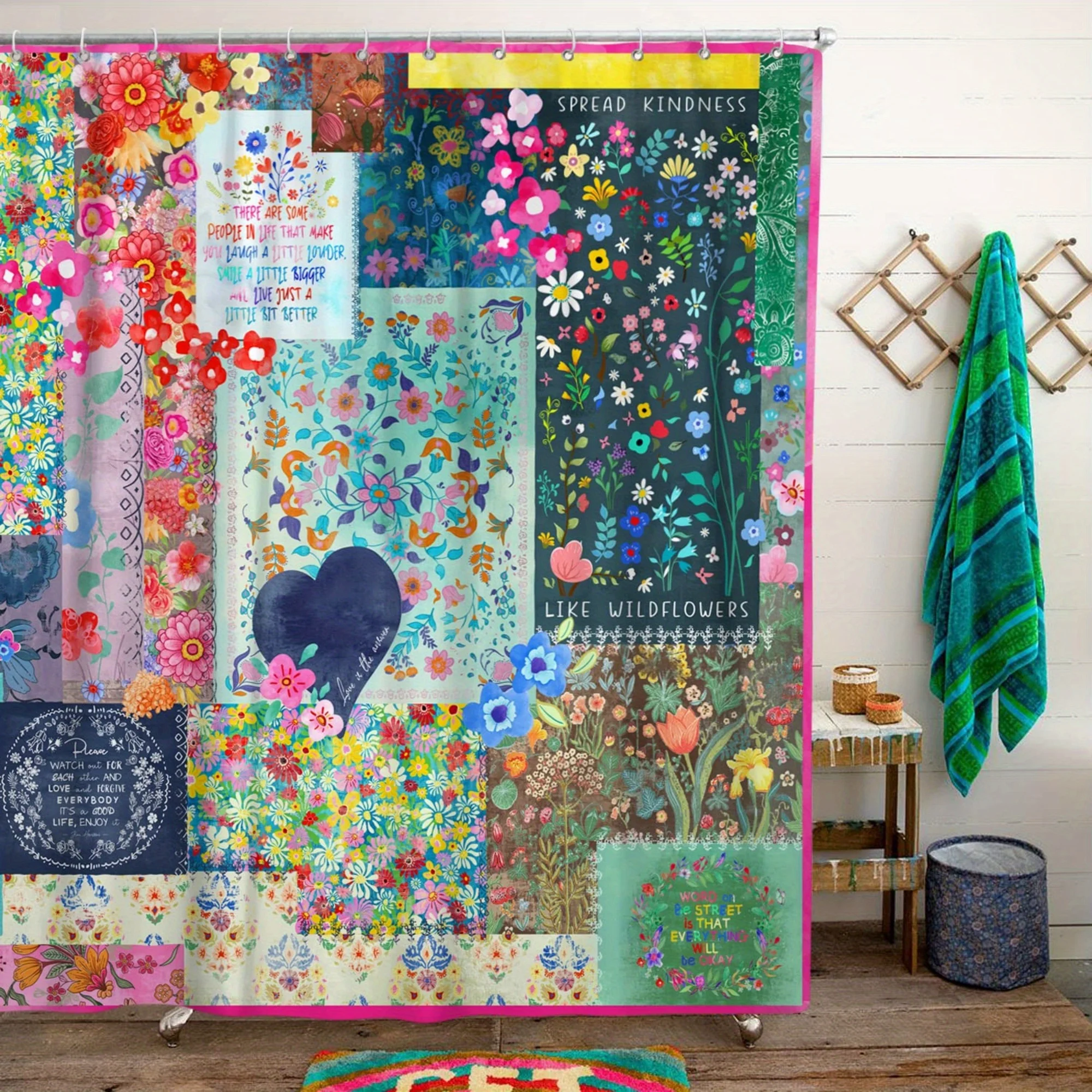 Vintage Floral Collage Shower Curtain, Bohemian Wildflower Inspirational Text Motifs, Waterproof Washable Bathroom Curtain