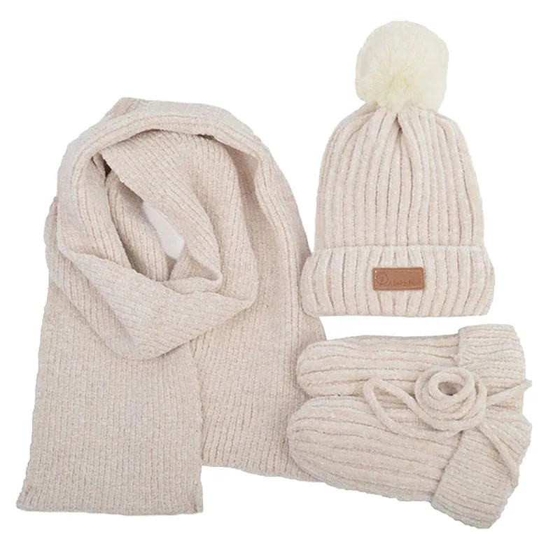 Three-piece Knitted Hats Scarf Gloves Set Children Hat PomPom Autumn Winter Warm Mittens Boy Caps Beanies Fashion Sets Kids Caps