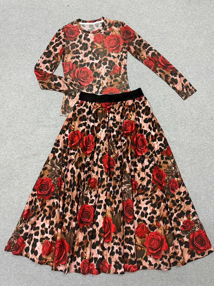 Conjunto de duas peças de camiseta de malha de malha estampada retrô do designer para roupas femininas de outono 2025 + cintura elástica saia solta conjunto de moda