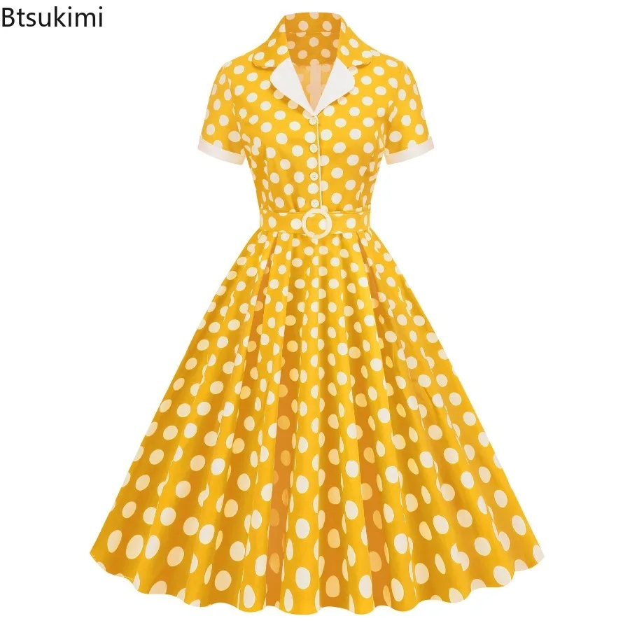 

New 2025 Women's Hepburn Style Vintage Polka Dots Dress Turn-down Collar Rockabilly Cocktail Party Swing Summer Dress for Women