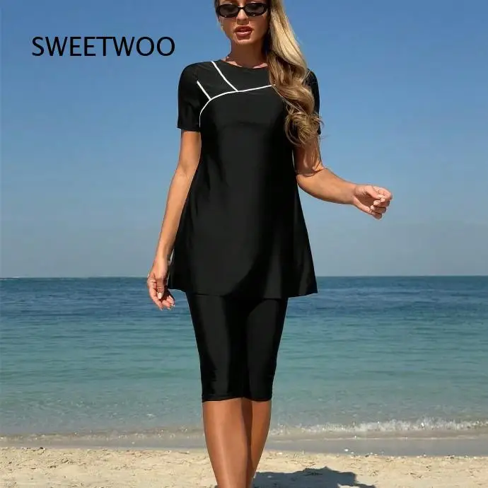Women Modest 2 Piece Swimsuit Short Sleeve Tunic Top With Knee Length Capri Bottom Conservative Bathing Suit For Beach