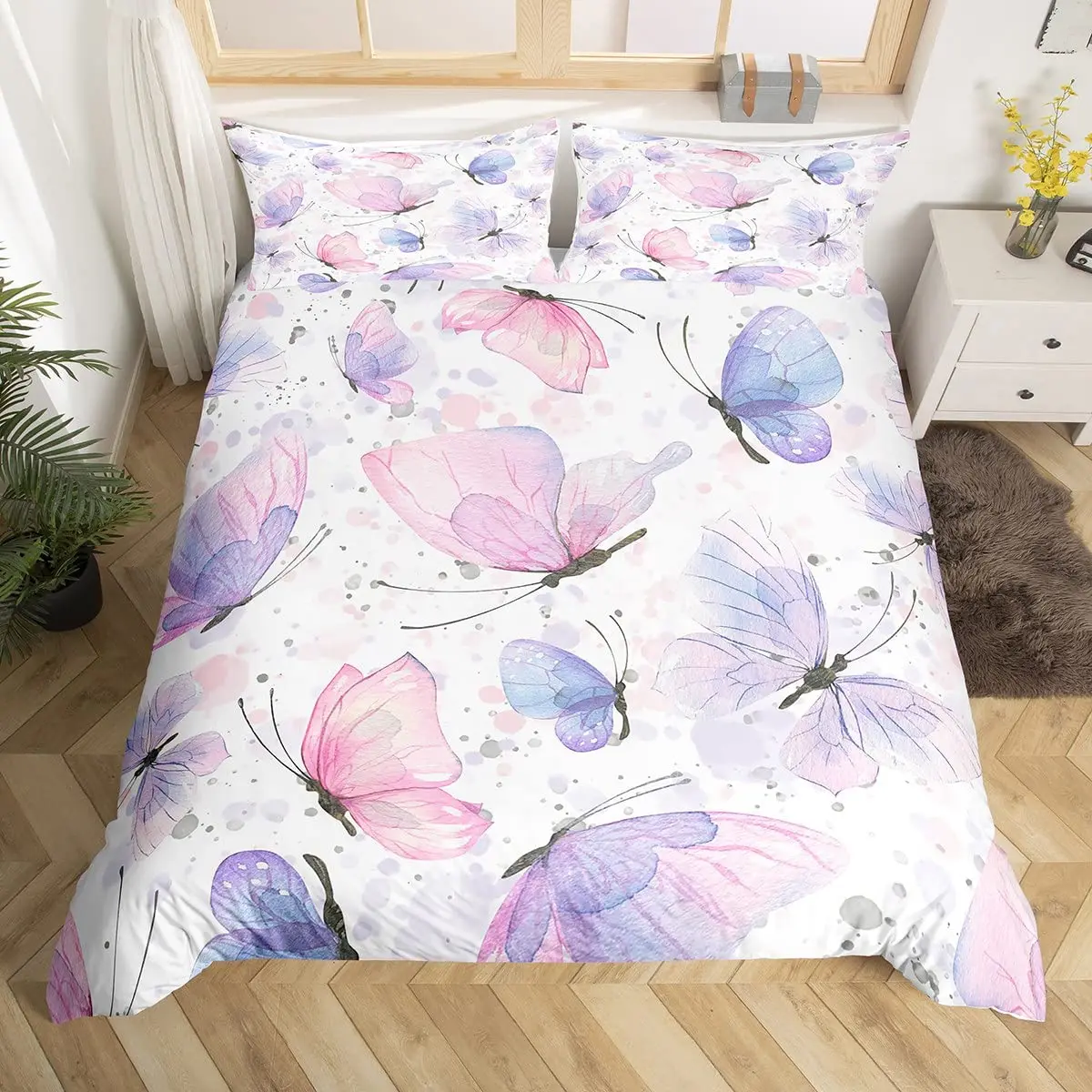 Butterfly Duvet Cover King Queen Girly Watercolor Animal Bedding Set Ombre Butterflies Comforter Cover Tie Dye Art Quilt Cover