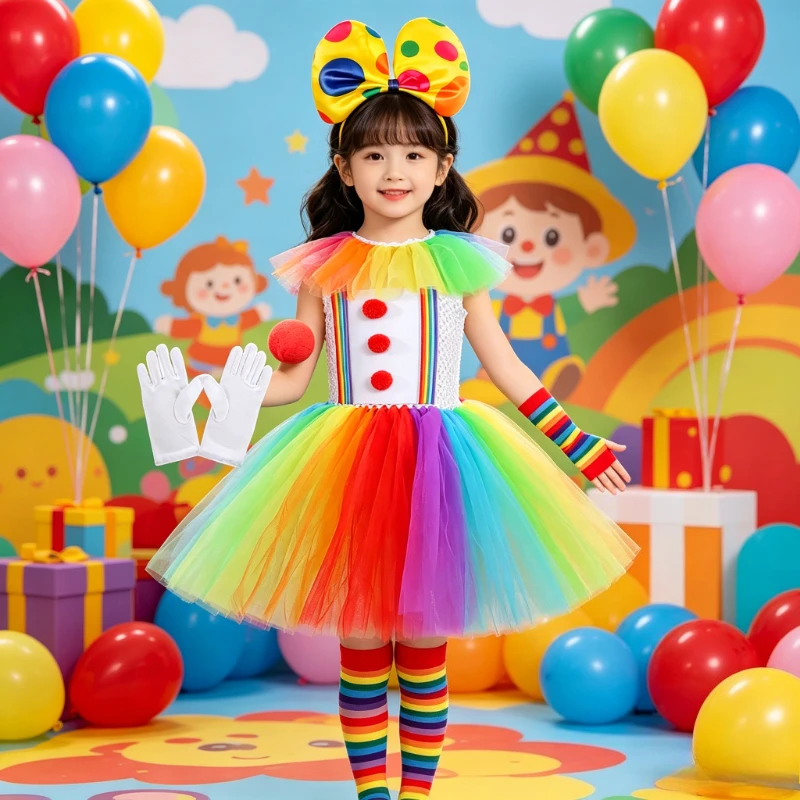 Rainbow Girl Playful & Whimsical Clown Tulle Tutu Skirt, Kids' Circus Clown Performance Clothes, Halloween Party Outfit Set