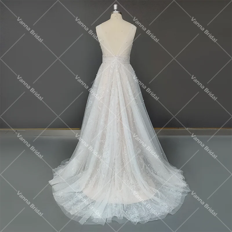 Pérolas rendas romântico decote em v vestido de casamento personalizado plus size escova trem sem costas uma linha ruched tule escova trem vestido de noiva