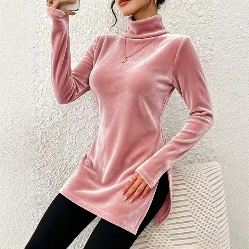 Autumn Winter Velvet Slim Mini Dresses Women's Elegant Turtleneck Long Sleeve Side Split Fit Holiday Party Versatile Dress