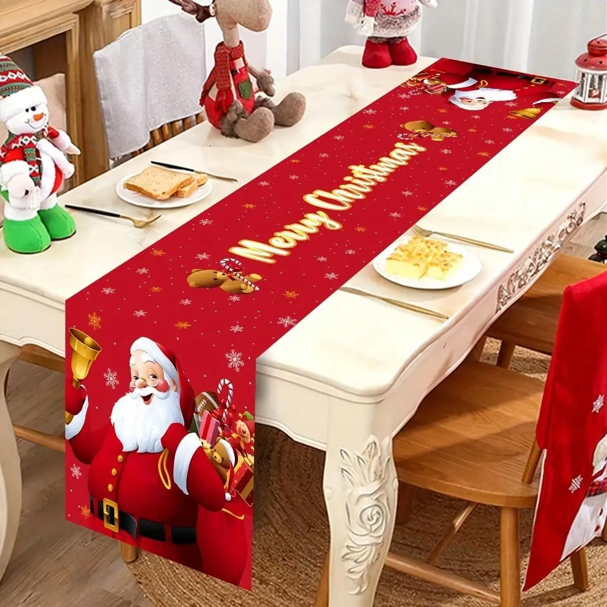

Happy Christmas Polyester Tablecloth: Featuring a cheerful Santa Claus design with bells, perfect for Christmas parties family