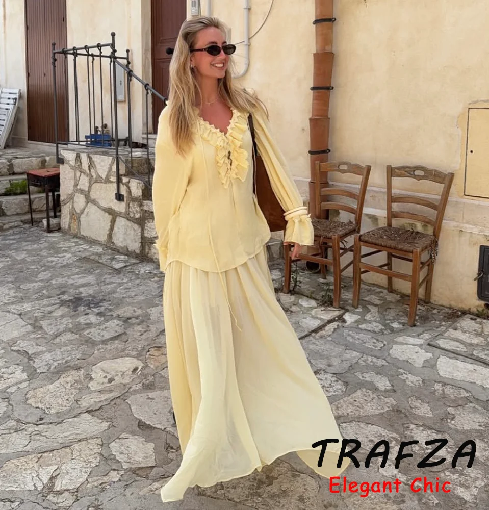 

TRAFZA Hippie Yellow Chiffon Skirt Set Women's Loose Lace-up Shirt Or Long Skirt 2025 Spring Summer Fashion Romantic Chic Set