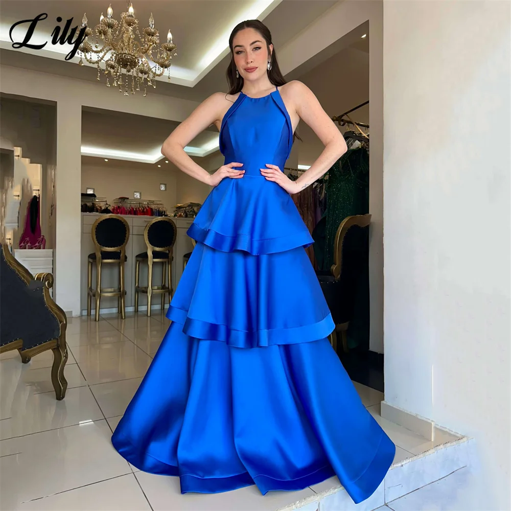 Lily Fuchsia Sleeveless Party Dress Satin O Neck Prom Dress Simple A Line 프롬드레스 Tiered Ruffles Gala Dresses Customized image 4