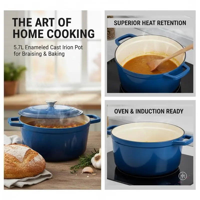 Enameled Cast Iron Dutch Oven, 6 Quart Pot with Lid and Dual Handles, Heavy-Duty Durable Cookware Pan, Oven Induction Compatible up to 500℉, for Braising, Stews, Roasting, Bread Baking, Blue