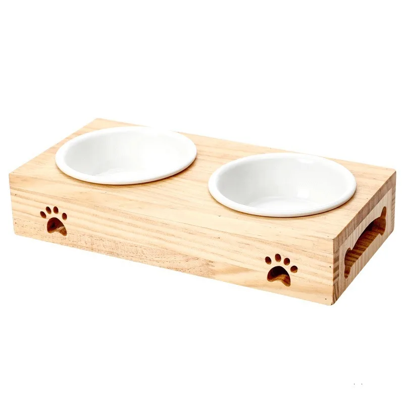 고양이 Pet Dog Cat Ceramic Bowl Bamboo Wooden Table Into A Kitten Skid Resistant Double Bowl Small Dog Food Bowl 강아지밥그릇