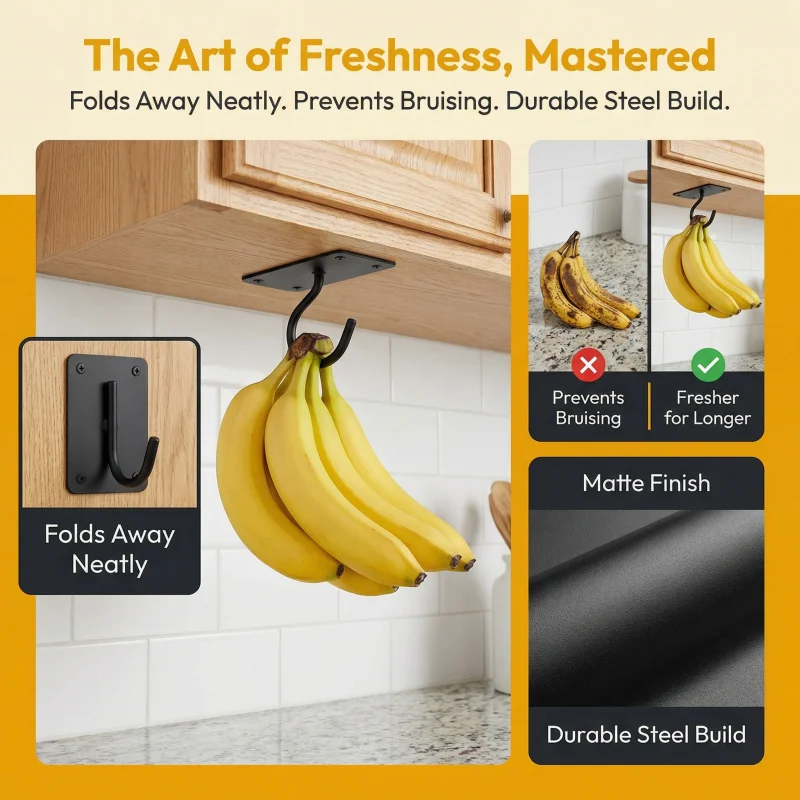 Black Metal Self-Adhesive Banana Hook Foldable Storage Rack Space-Saving Kitchen Cabinet Food Organizer 1-2PCS view 3