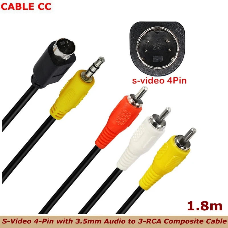 

1.8m S-Video 4-Pin with 3.5mm Audio to 3-RCA Composite Cable PC to TV ，Video & 3.5mm Audio to Composite Video and RCA L/R Audio