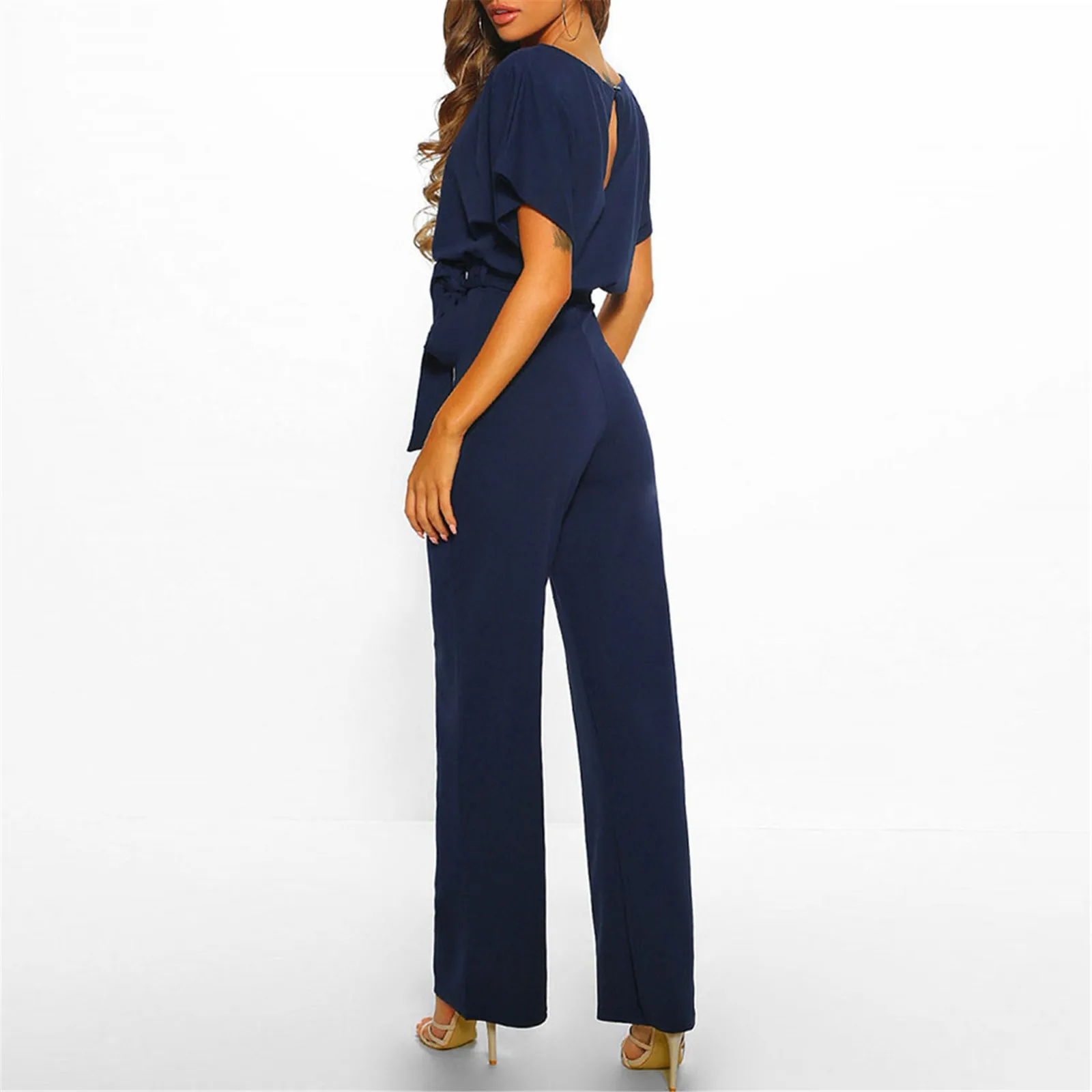 Women'S High Waist Jumpsuits Summer Straight Fitting Casual Tie Round Neck Jumpsuits Daily Commute Solid Short Sleeve Jumpsuits