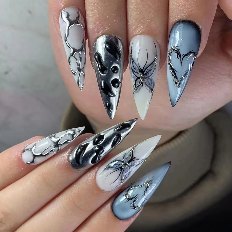 24 piezas uñas postizas largas stiletto negras con moño plateado asimétrico, set de uñas con polvo 5