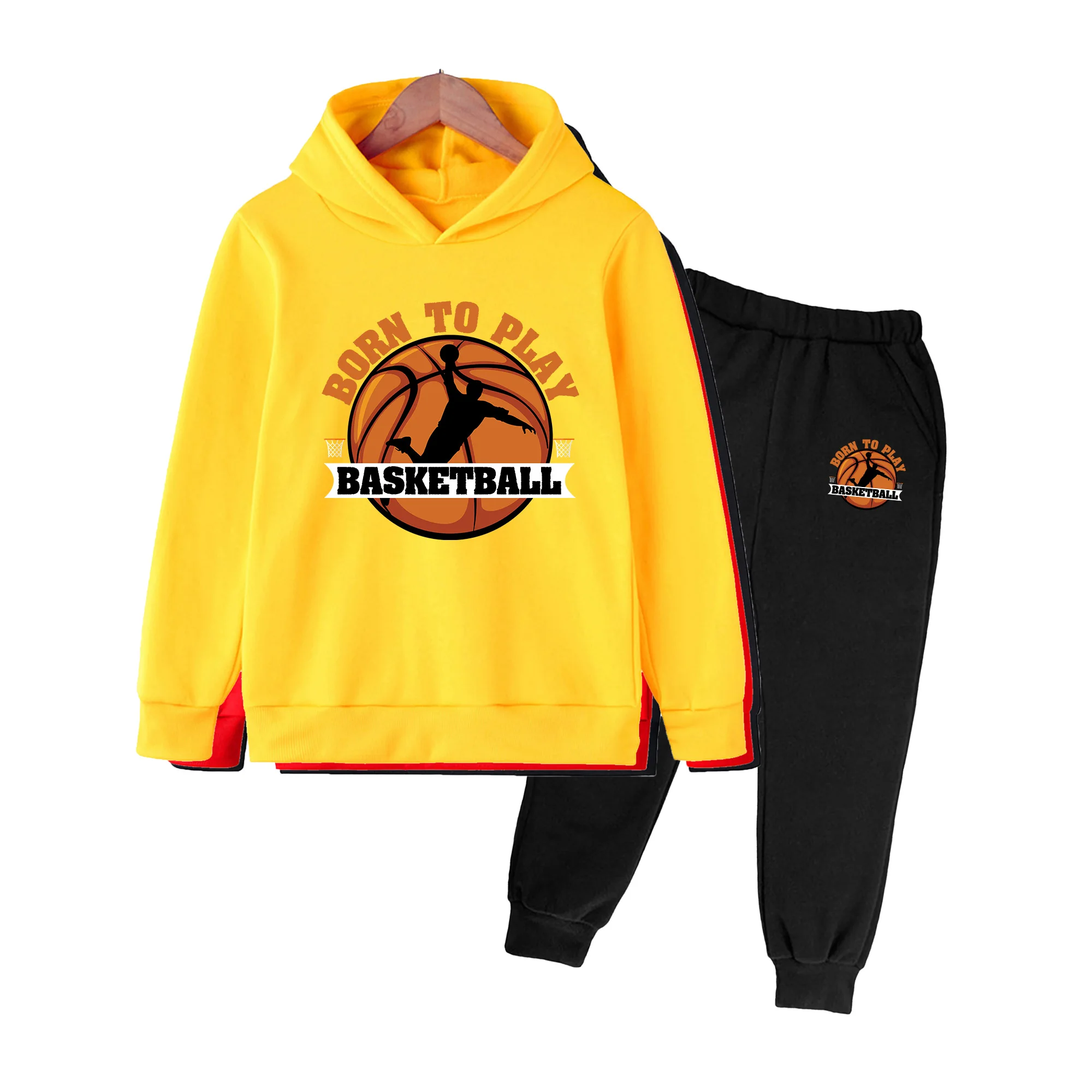 Kids Basketball Print Hoodie & Pants Set, Born to Play Sportswear for Boys Girls, Casual Athletic Outfit