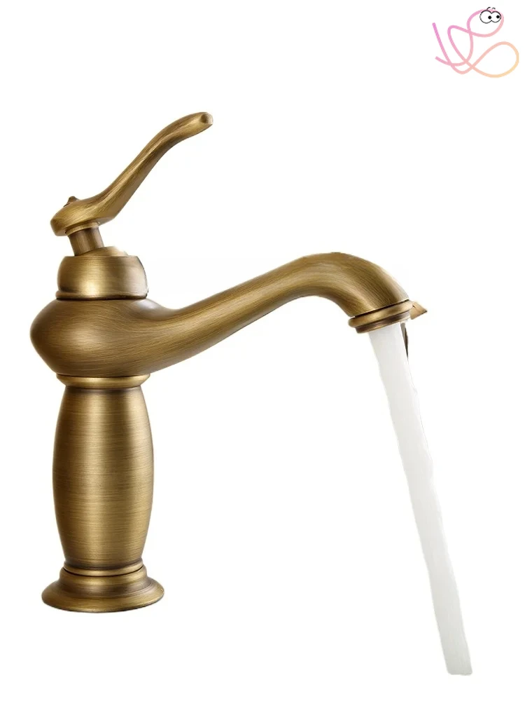 

European Style Copper Archaistic Basin Faucet Vintage Bathroom Hot and Cold Mixing Valve Washbasin Single Hole Single Handle