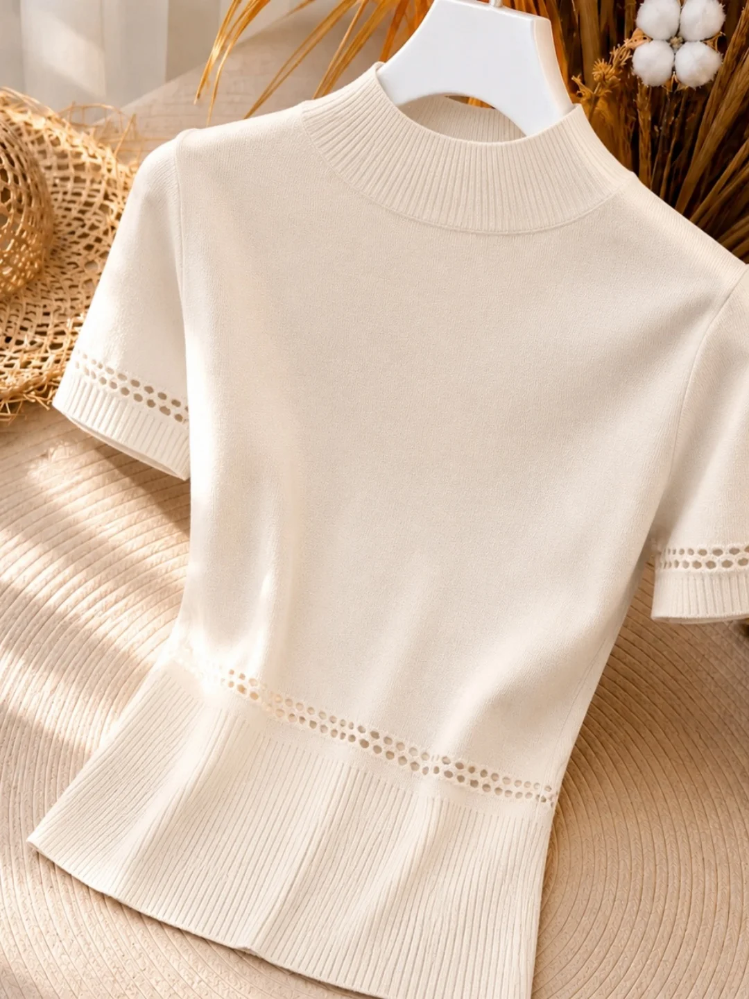 2026 Autumn New Hollow out Design Knitted Sweater Women's Fashionable Semi High Collar Overhead Top Korean Style Straight Cut