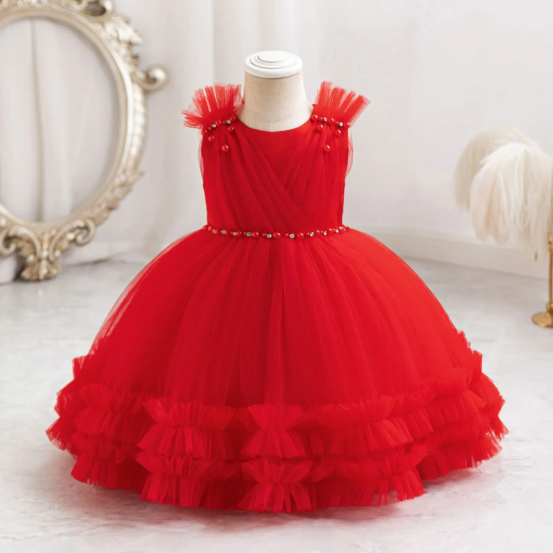 

Summer Dress for Girls Beading Tulle Princess Baby Girl One-piece Frocks Lace Birthday Party vestidos de fiesta 1-5 Years