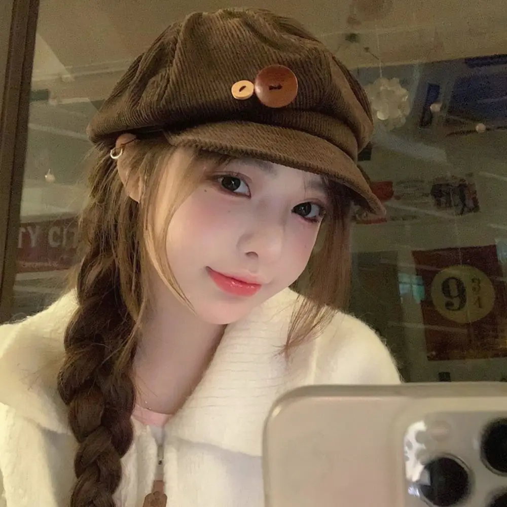 Vintage Style Corduroy Beret Cap Women Autumn Winter Newsboy Hat Brown Octagonal Cap Elegant Fashion Painter Hat Warm Bonnet