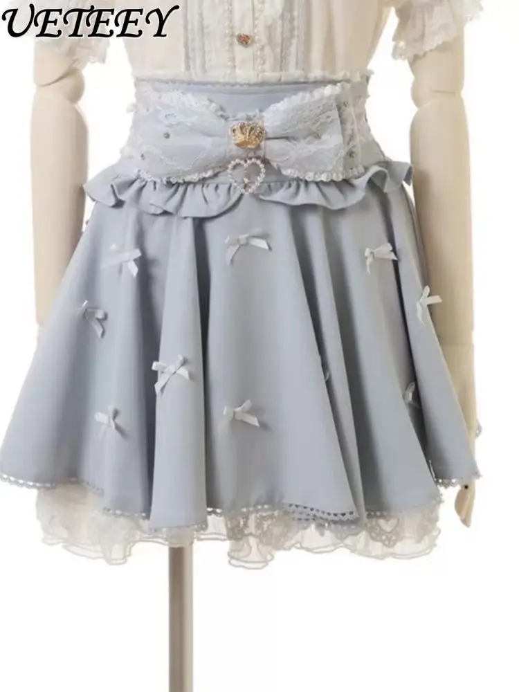 日本の長袖甘くてかわいいレースの弓セーラースーツショートセーターカーディガンコート女性ハイウエストファッションショートリズスカート