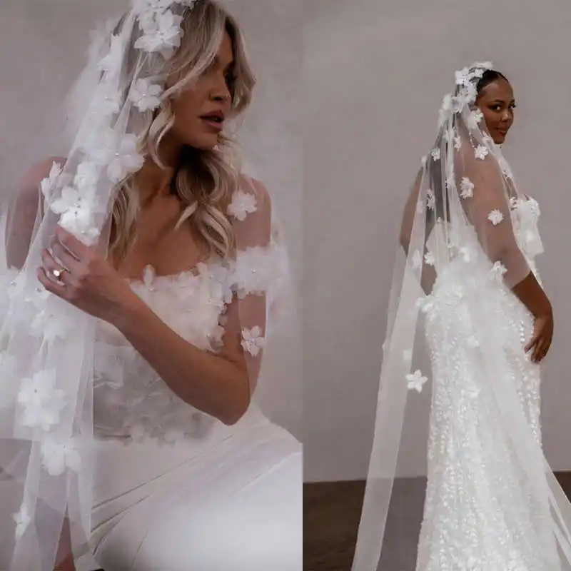 

3D Flowers Long Wedding Veil 3 Meters White Ivory Bridal Veil Wedding Headpieces Bride Veil Customized