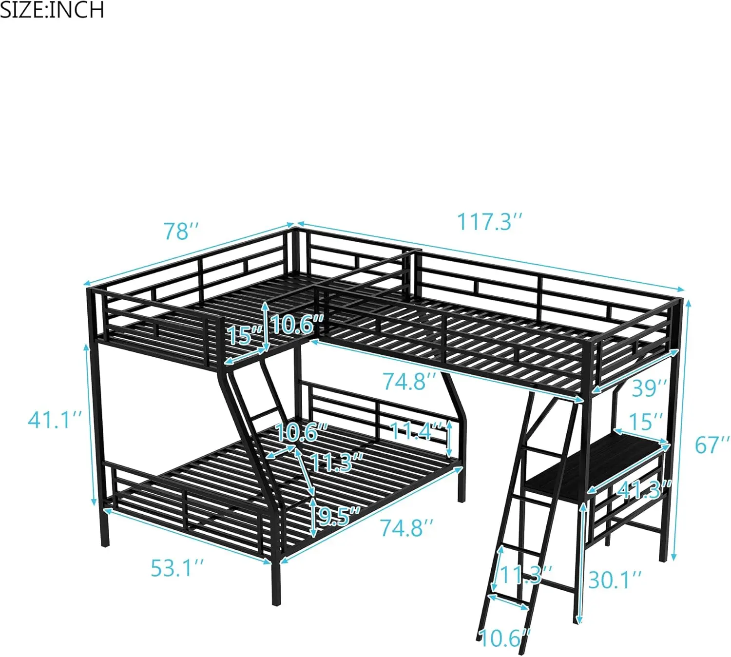 Metal Twin Loft Bed with Study Desk and Storage Shelves Black Space Saving Functional Design Built-in Ladder Guardrails Easy