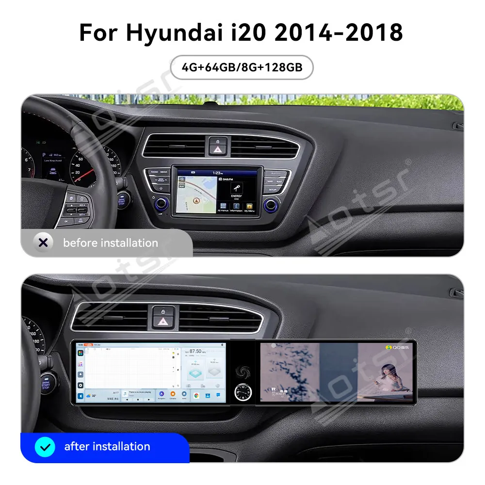 

For Hyundai i20 2014-2018 12.3" Android 13 Dual Screen Car Radio Car Multimedia Video Player GPS Navigation Carplay Unit WIFI BT
