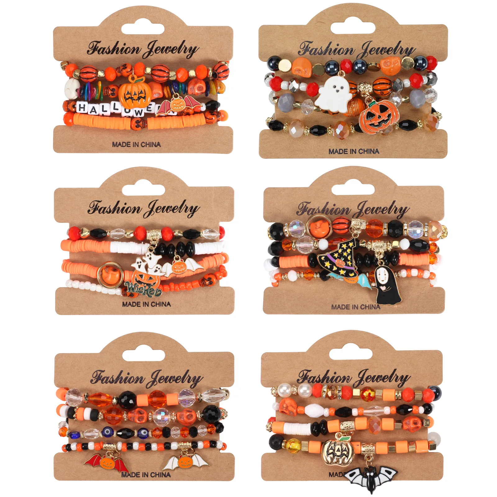 Halloween Multi-Layered Bat Pumpkin Spider Pendant Bracelet Artificial Crystal Polymer Clay Beads Party Bracelet Decoration Gift