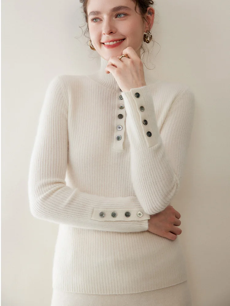 

TLOML Women 100% Cashmere Sweater Half Buttons Turtleneck Pullover Autumn Winter Soft Warm Slim Basic Knitwear Office Lady Tops