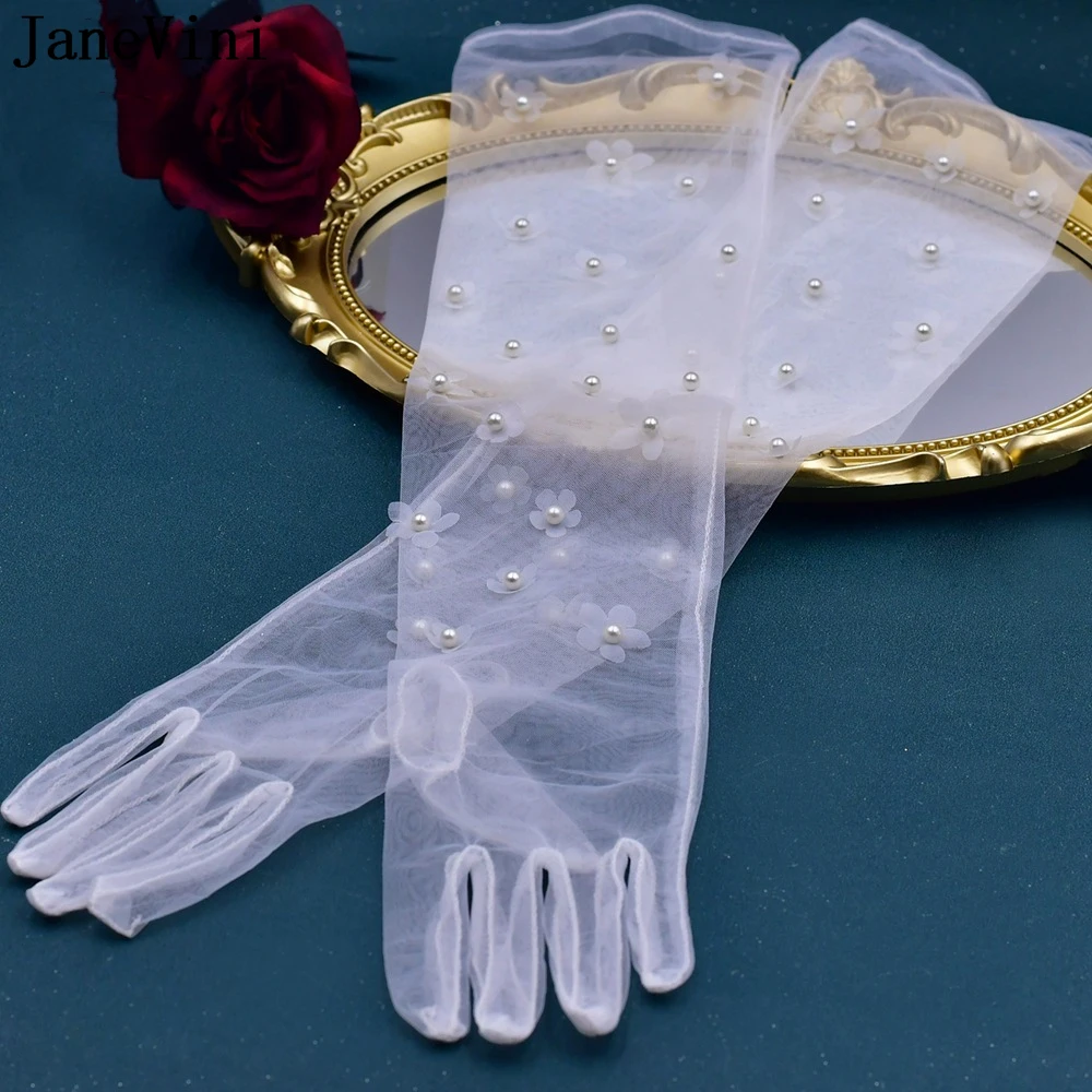 JaneVini White Sheer Tulle Bridal Gloves with Pearls Flowers Long See Through Women Wedding Party Bride Gloves Handschuhe Damen