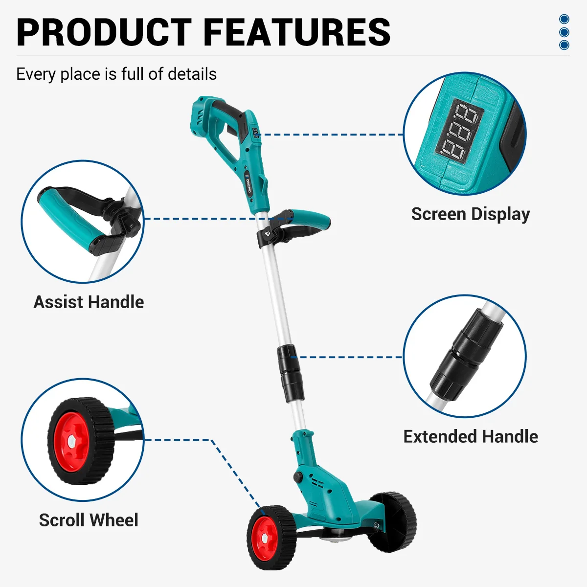 Drillpro 2500W Electric Lawn Mower Li-ion Cordless Grass Trimmer Pruning Garden Tools Compatible Makita 18V Battery