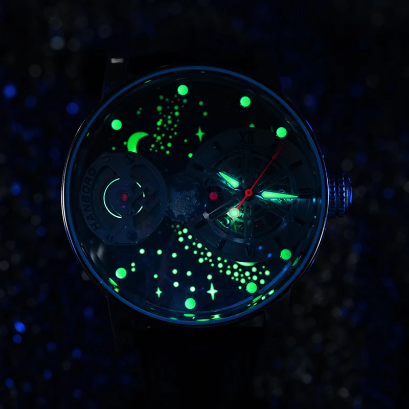 HANBORO Orologi automatici da uomo Orologio da polso meccanico di marca di lusso superiore Rotazione luminosa Quadrante cosmico Cinturino in pelle