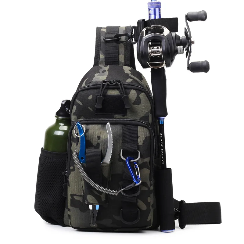 Sac de rangement tactique pour équipement de pêche en extérieur, sac bandoulière multifonctionnel, peut contenir des cannes à pêche, imperméable et résistant à l'usure, sac de pêche en plein air, sac à dos de rangement pour équipement de pêche, sac de rangement pour leurres