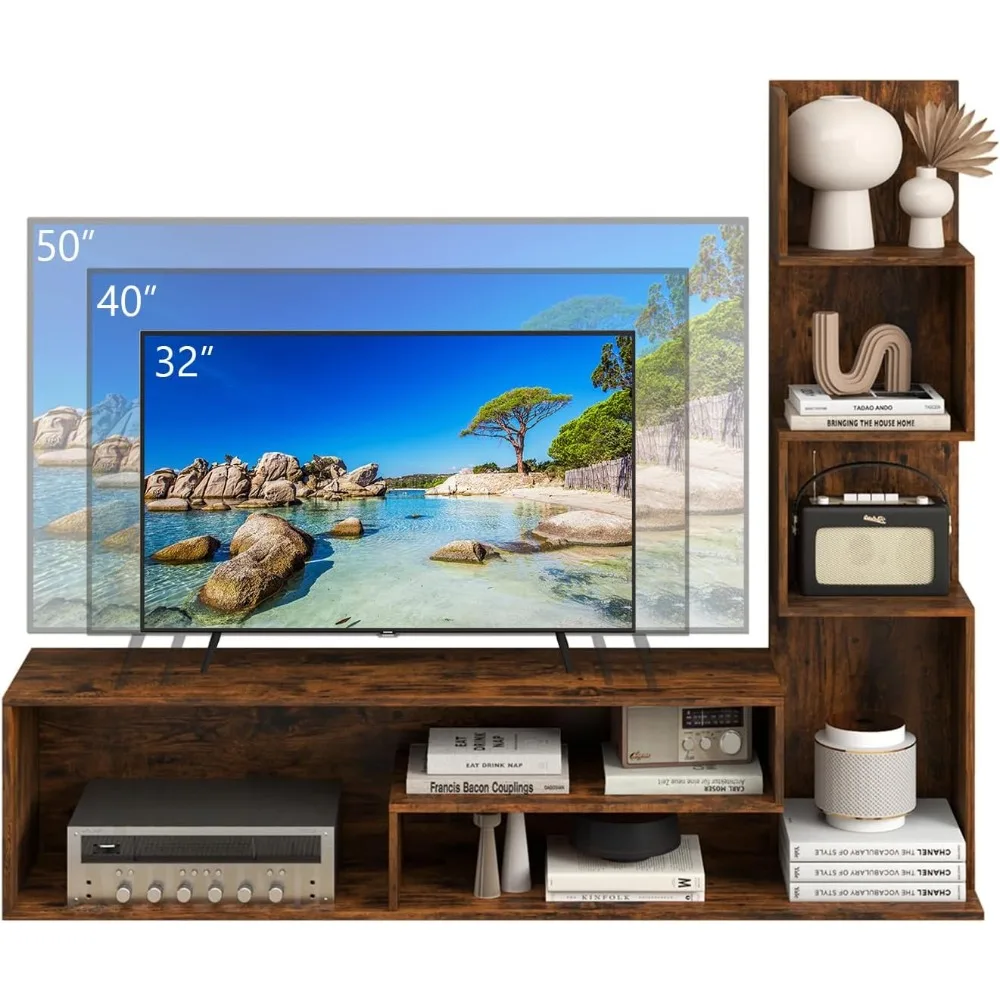 Multifunctional TV Stand and Bookcase for 50-Inch TVs, Living Room Furniture with Side Shelves