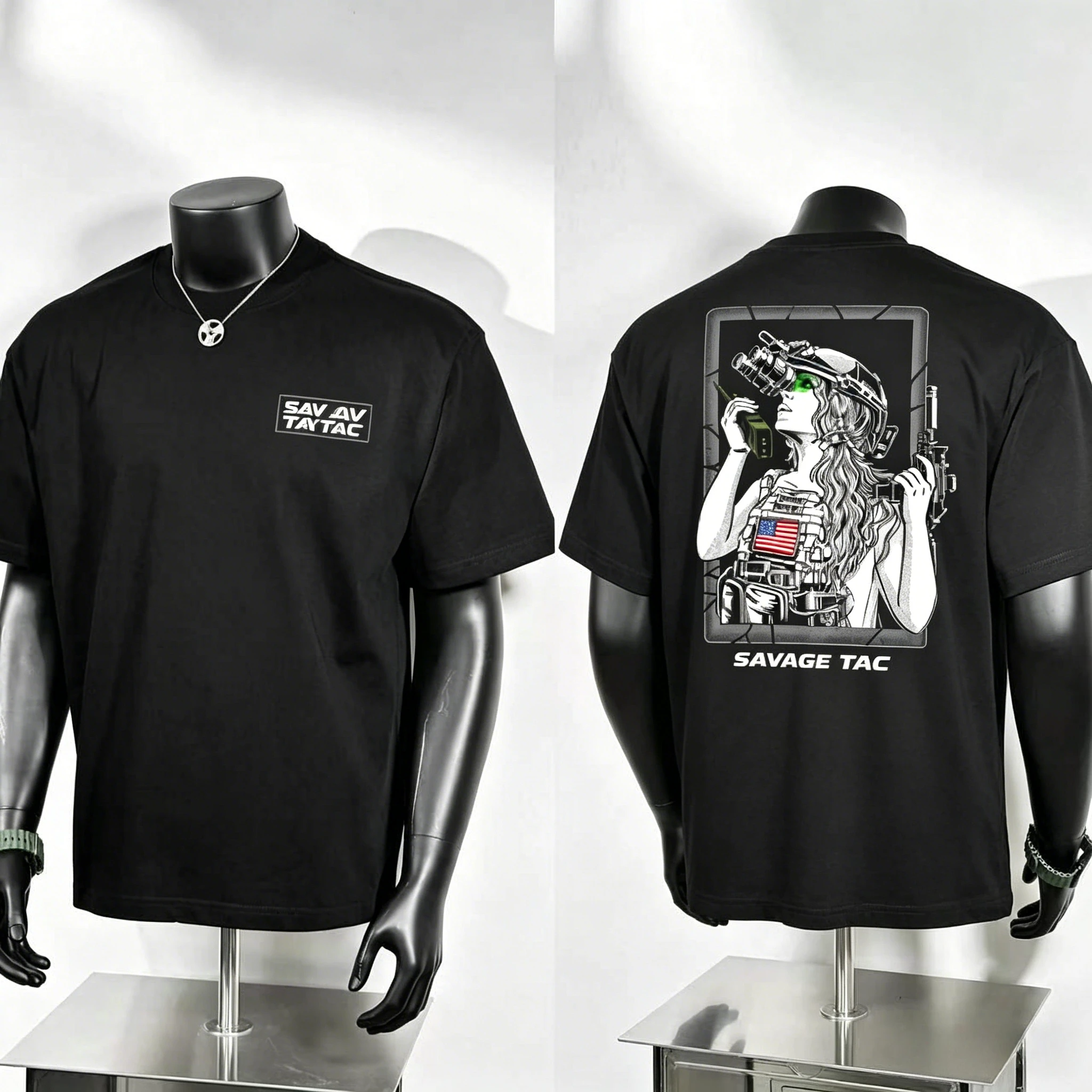 Savage Tac Graphic T Shirt, Mini Distorted Letter Chest Badge and Large Framed Female Tactical Operator with Night Vision