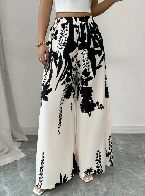 Women Black Ink Floral Print Wide Leg Pants Elastic High Waist Silky Satin Palazzo Trousers Summer Vacation Casual Loose Long Pants Beach Bottoms Vestidos