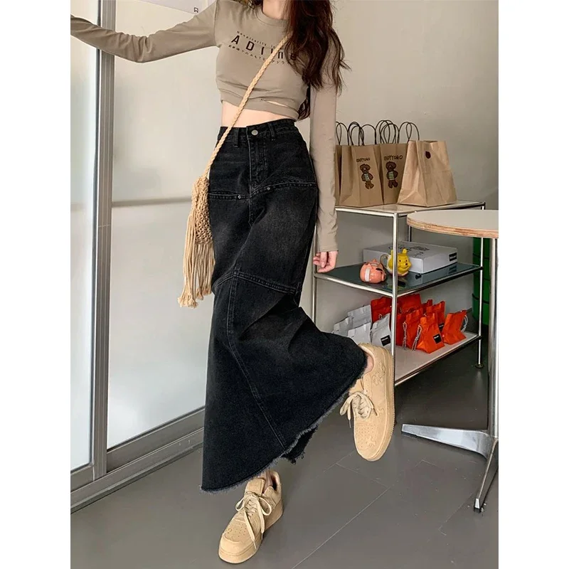 Y2K Vintage Denim Skirts Women Tassel Midi A Line Skirt Jeans Streetwear Korean High Waist Raw Edge Slim Casual Mermaid Skirt