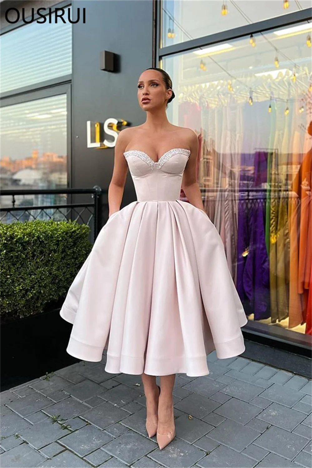 OSUIRUI Schulterfreies, formelles Abendkleid aus Satin mit Perlen, A-Linie, Tee-Länge, bauschiges Abendkleid mit Taschen, Roben de