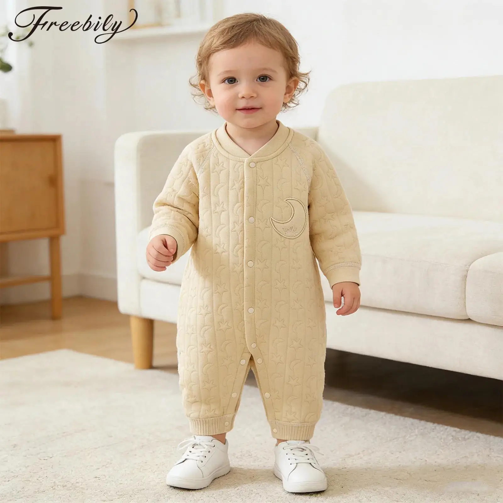 Baby Boys Girls Clothes Cotton Rompers Long Sleeve Press Button Moon Star Pattern Jumpsuit Newborn Sleepwear Homewear Loungewear