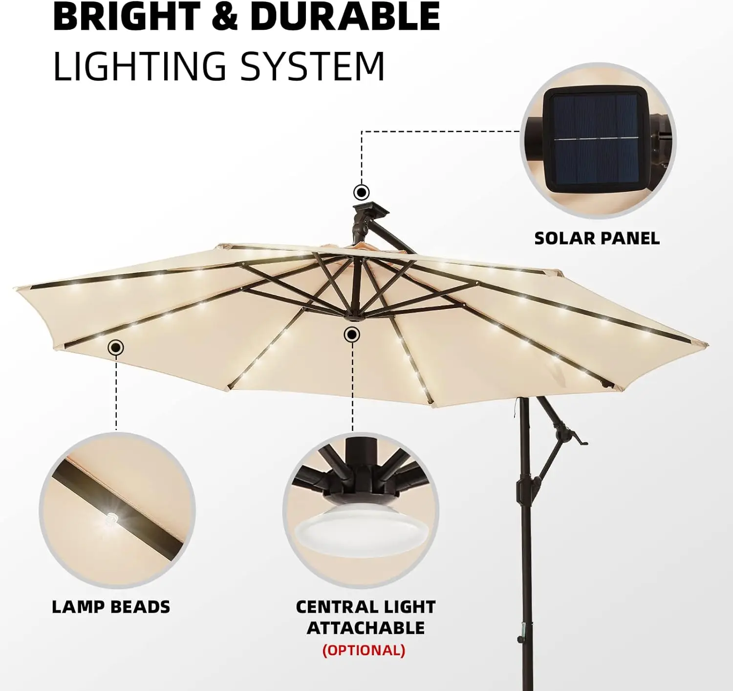 Parapluie extérieur en porte-à-faux avec base lestée, marché, solaire, décalage, 10 pieds