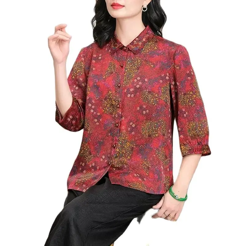 BirdTree-camisas de seda 100% auténtica para mujer, blusa holgada de gran tamaño con manga 3/4 Floral, Estilo Vintage para mamá, T448129QM, 2024